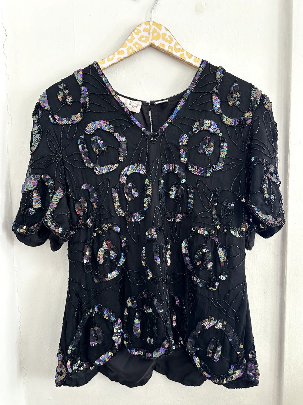 Laurence Kazar Women's Vintage Black Silk Beaded Blouse | Size Large